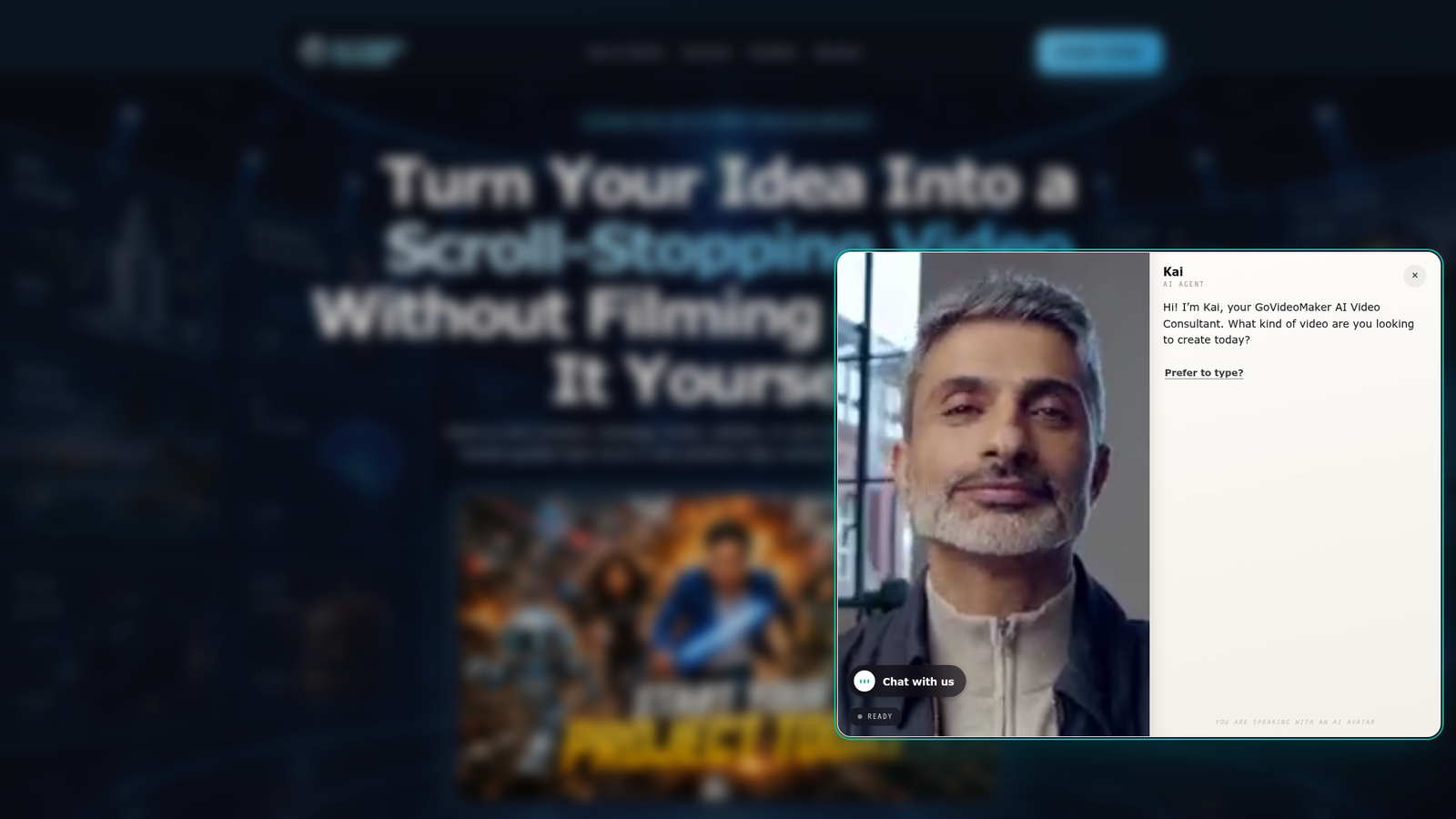 Go Video Maker website with Kai, the LiveRep avatar, open in a chat window